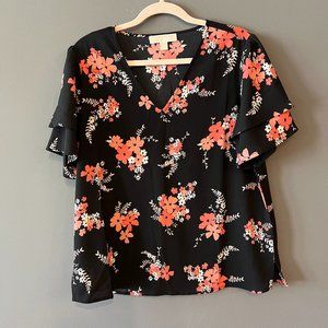 Flattering Michael Kors Black Blouse with Pink Florals (Size Large)
